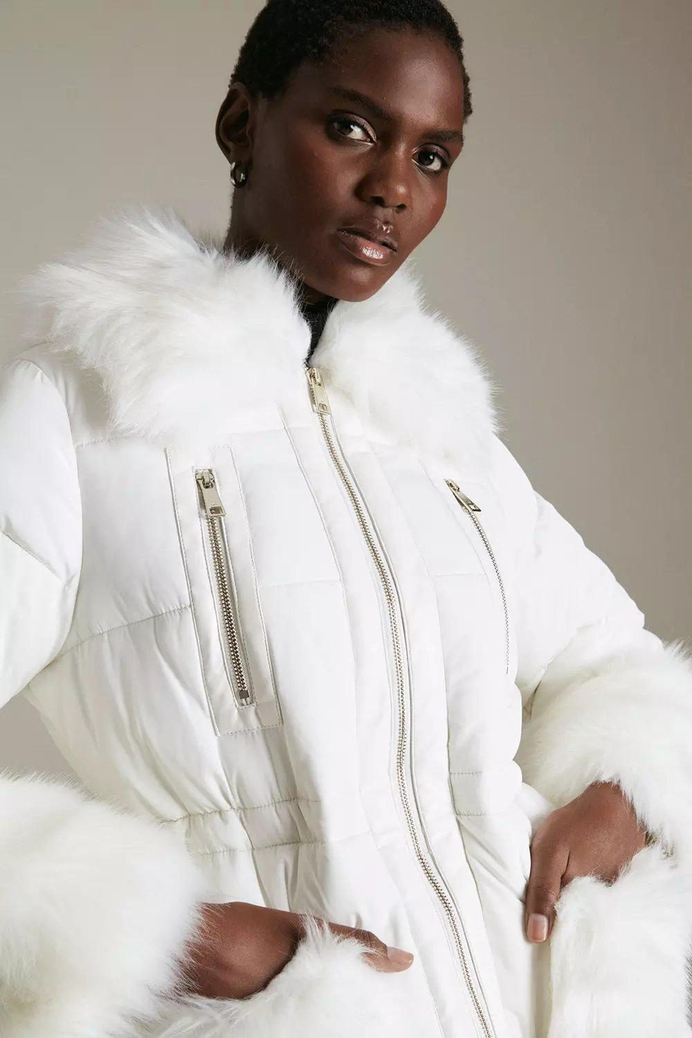 Pocket pearlescent faux fur cheap trim puffer